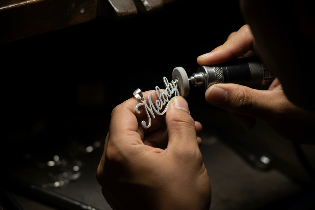 Artesano puliendo dije personalizado con nombre Melody